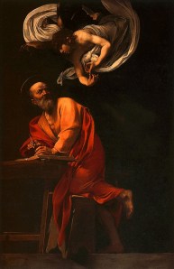 Inspiration of St. Matthew by Caravaggio for the Contarelli Chapel in San Luidi dei Francesi, Rome. 1599-1600.